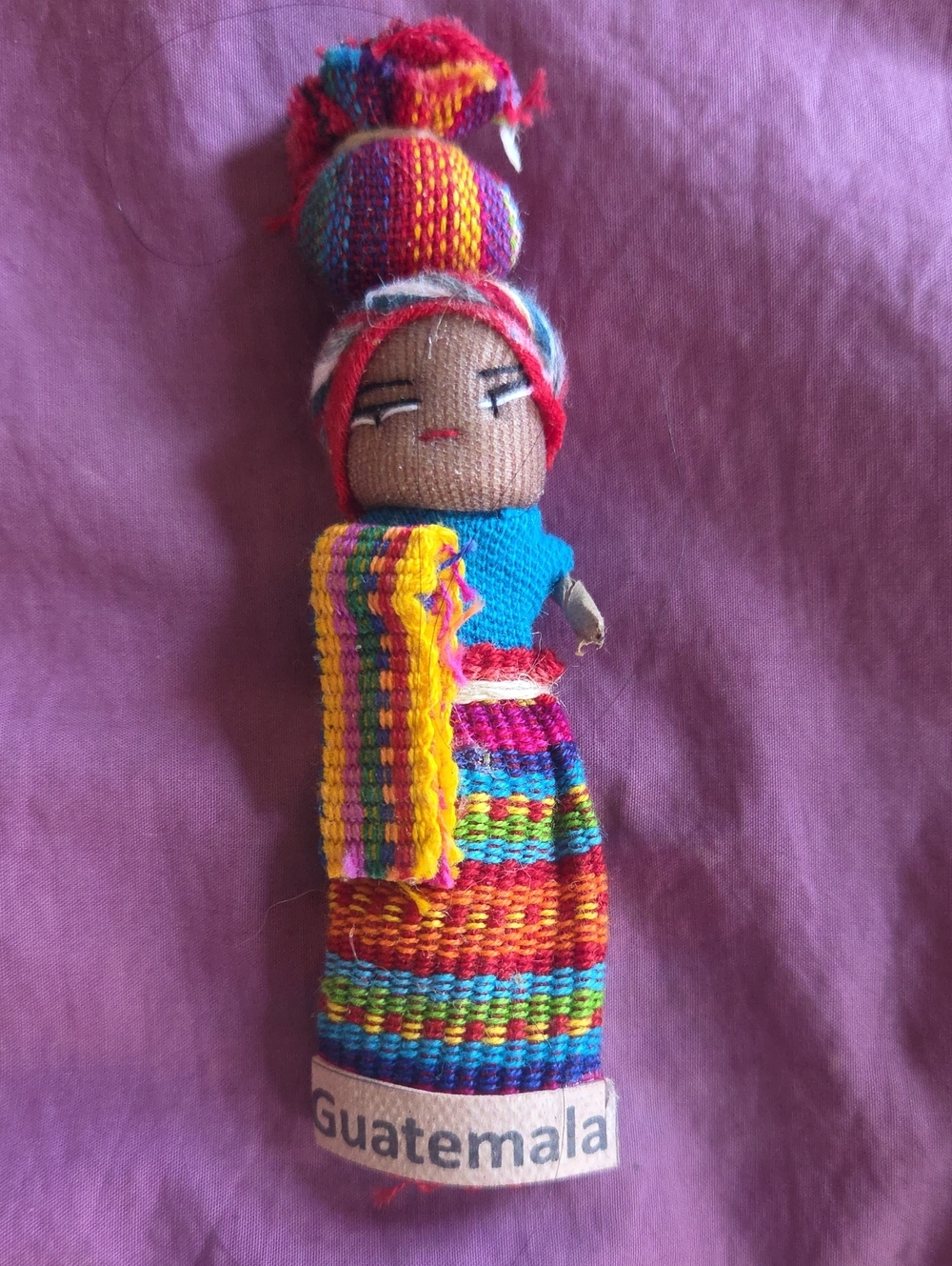 Handmade Guatemalan Worry Doll Magnet with Bright Multicolor Textiles